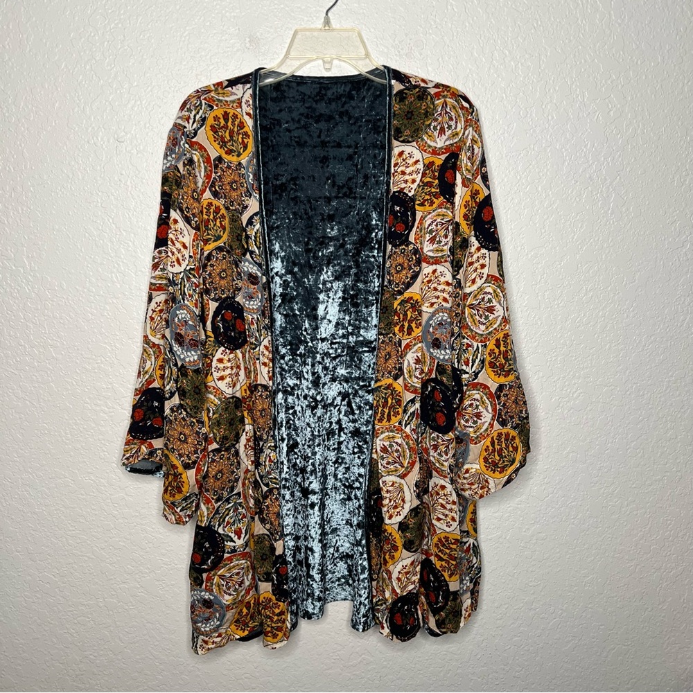 Entro Womens Reversible Blue Velvet Floral  Kimono Small Medium S/M Long Sleeve.
